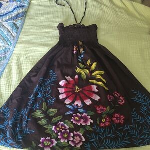 Alki'i Floral Mini Dress - Brown with Pink and Blue Accents